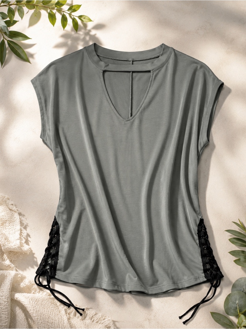 Lace Up Side Detail Sage Gray Tunic Top Soft Minimalist Boho L